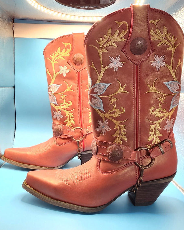 New Durango Women's Crush Harness Western Boot Ramblin' Rose Coral Floral Embroidery Leather Cowboy Boots
