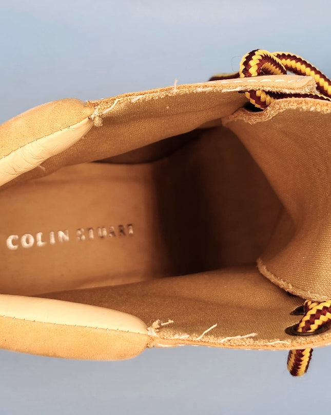 Vintage Y2k Colin Stuart Women's Suede Ankle Cross Lace Up Tan Work Boots with Block High Heel