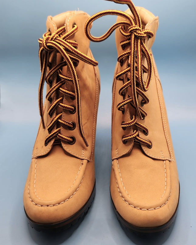 Vintage Y2k Colin Stuart Women's Suede Ankle Cross Lace Up Tan Work Boots with Block High Heel