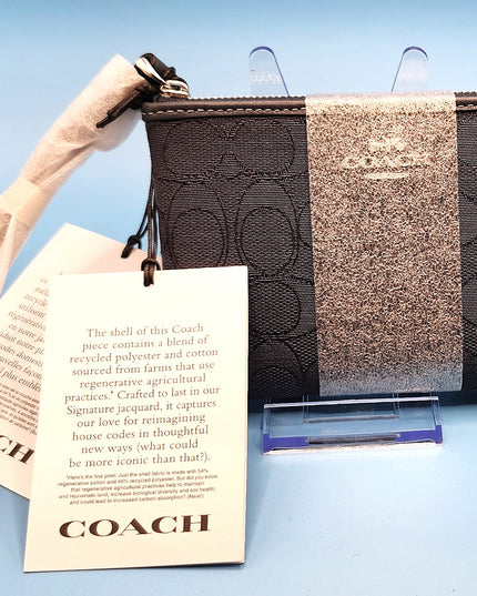 New Coach Navy Blue Denim Outline Sig C Jacquard Corner Strap Wristlet