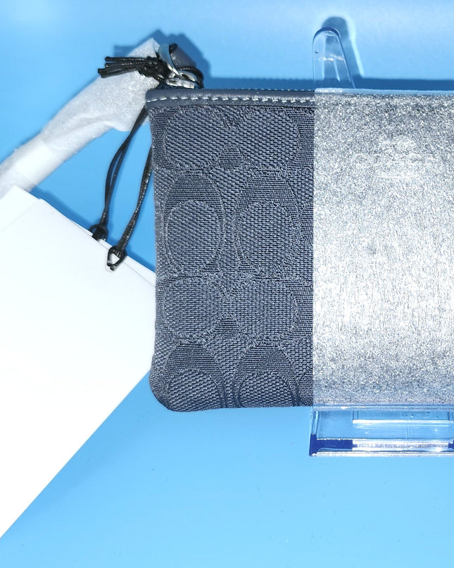 New Coach Navy Blue Denim Outline Sig C Jacquard Corner Strap Wristlet