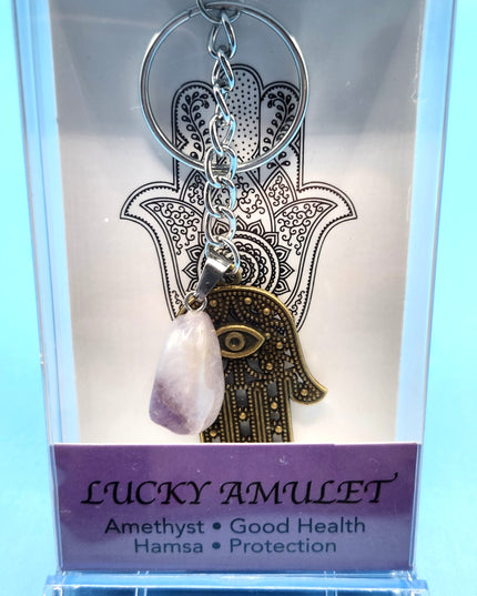 New Luckey Amulet Amethyst Keychain for Good Health with Bronze Hamsa for Protection