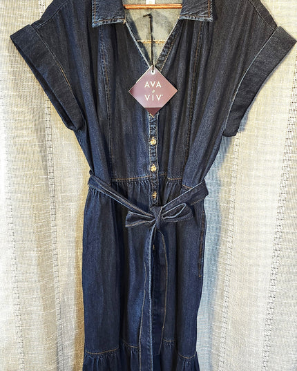 New Ava & Viv Dark Denim Button Front Tie Waist Dress with Tiered Hem