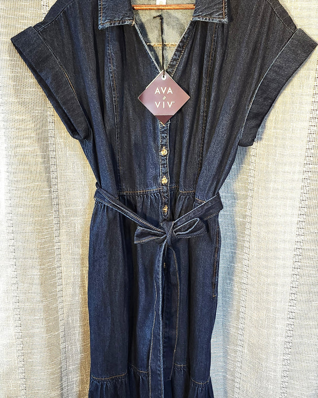 New Ava & Viv Dark Denim Button Front Tie Waist Dress with Tiered Hem
