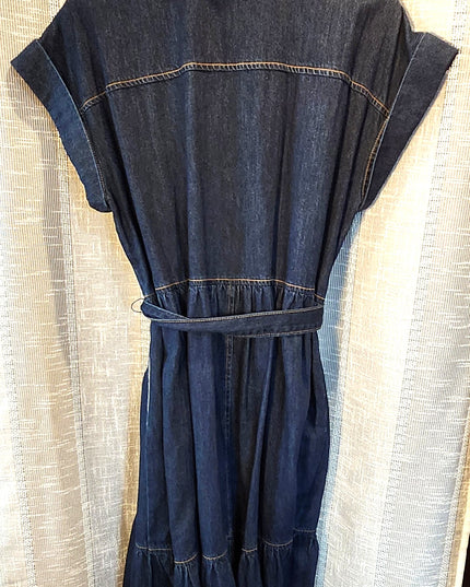 New Ava & Viv Dark Denim Button Front Tie Waist Dress with Tiered Hem