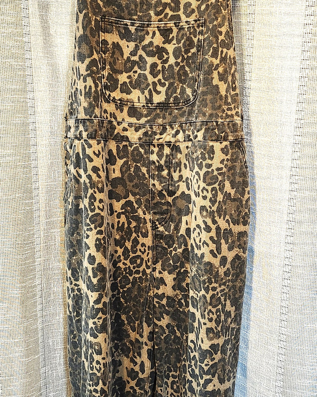 Cider Leopard Print Wide Leg Denim Bib Cargo Overalls