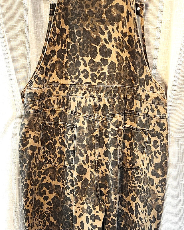 Cider Leopard Print Wide Leg Denim Bib Cargo Overalls