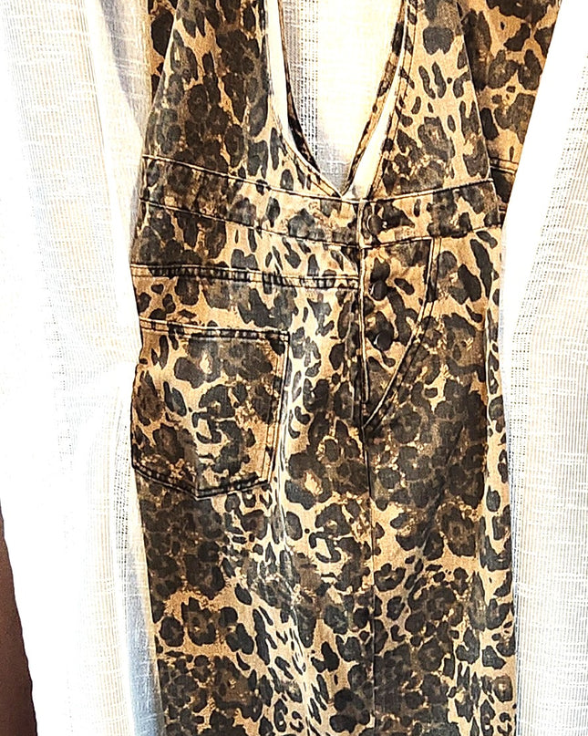 Cider Leopard Print Wide Leg Denim Bib Cargo Overalls