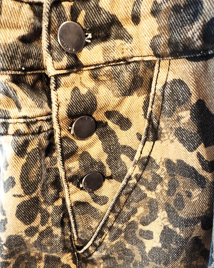Cider Leopard Print Wide Leg Denim Bib Cargo Overalls