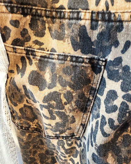Cider Leopard Print Wide Leg Denim Bib Cargo Overalls