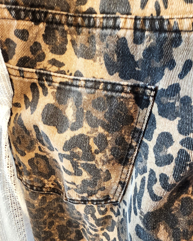 Cider Leopard Print Wide Leg Denim Bib Cargo Overalls