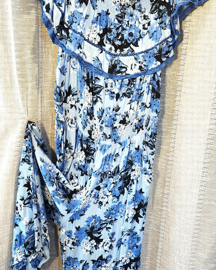 Sofia Jeans by Sofia Vergara One Piece Blue Floral Off the Shoulder Summer Wide Leg Jumpsuit