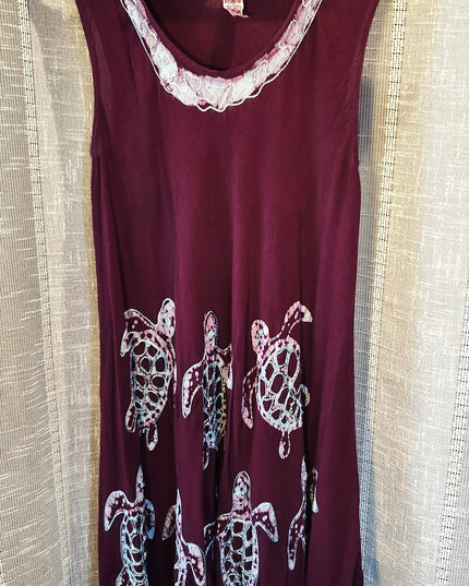 Purple Batik Shift Scoop Neck Embroidered Sea Turtle Dress