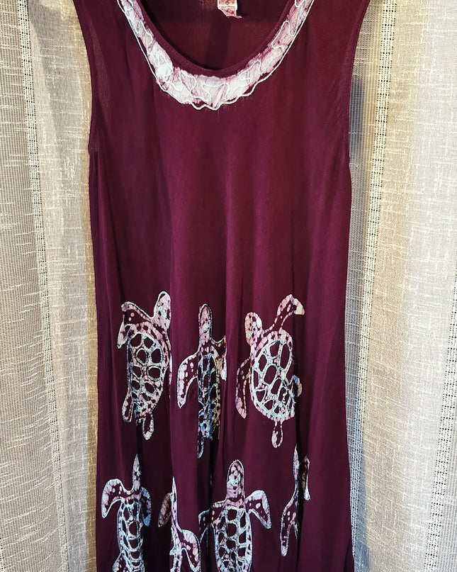 Purple Batik Shift Scoop Neck Embroidered Sea Turtle Dress