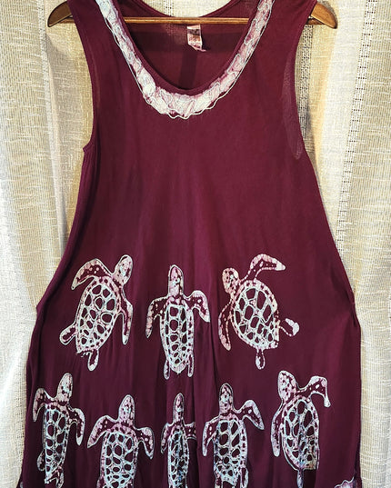 Purple Batik Shift Scoop Neck Embroidered Sea Turtle Dress