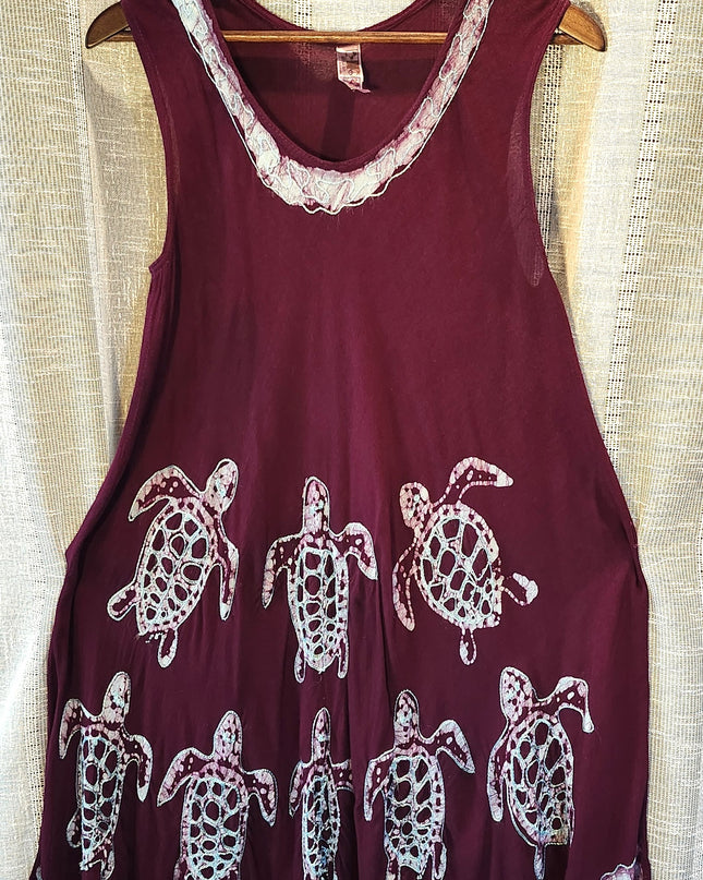 Purple Batik Shift Scoop Neck Embroidered Sea Turtle Dress