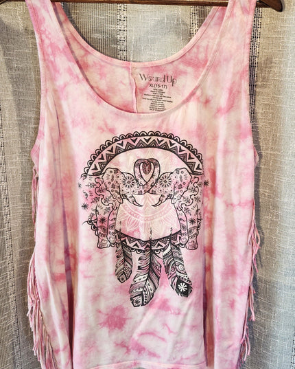Wound Up Tie Dye Mandala Intertwined Elephants & Dreamcatcher Graphic with Fringe