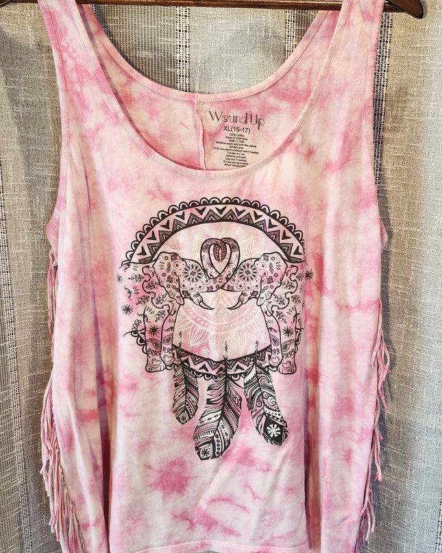 Wound Up Tie Dye Mandala Intertwined Elephants & Dreamcatcher Graphic with Fringe