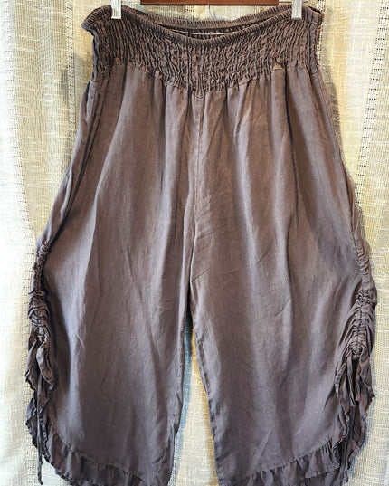Match Point USA Charcoal Color Wide Leg Linen Boho Lagenlook Ruffle Pants with Drawstring Side Seams