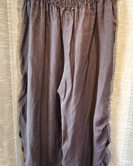 Match Point USA Charcoal Color Wide Leg Linen Boho Lagenlook Ruffle Pants with Drawstring Side Seams