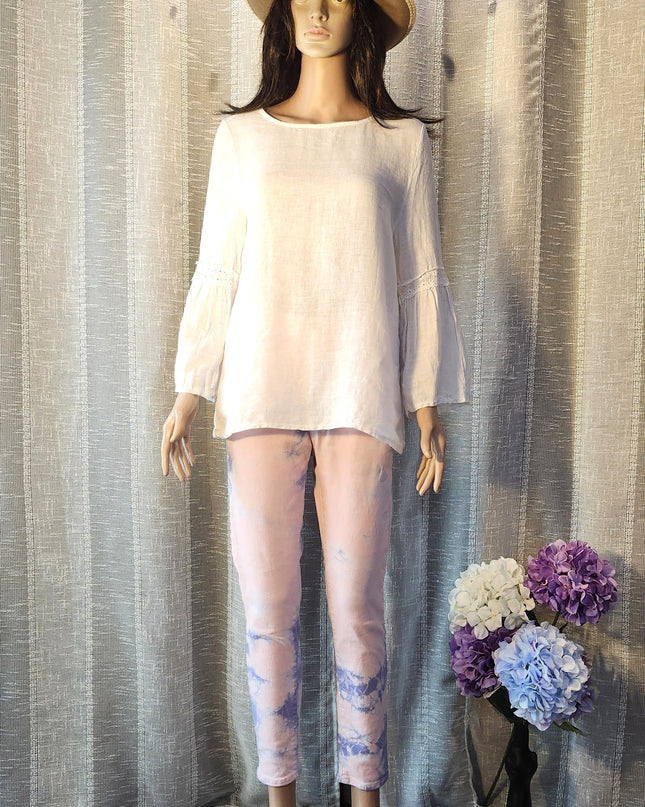 Francesca Bettini Made in Italy 100% Linen Lace Trim 3/4 Length Bell Sleeve White Top