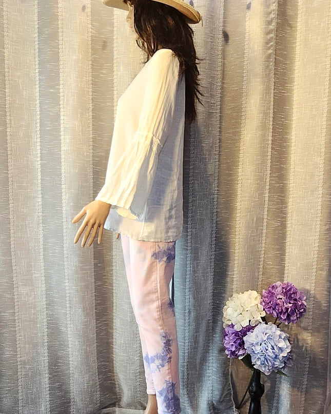 Francesca Bettini Made in Italy 100% Linen Lace Trim 3/4 Length Bell Sleeve White Top