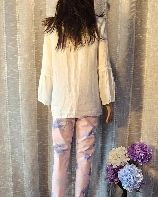 Francesca Bettini Made in Italy 100% Linen Lace Trim 3/4 Length Bell Sleeve White Top