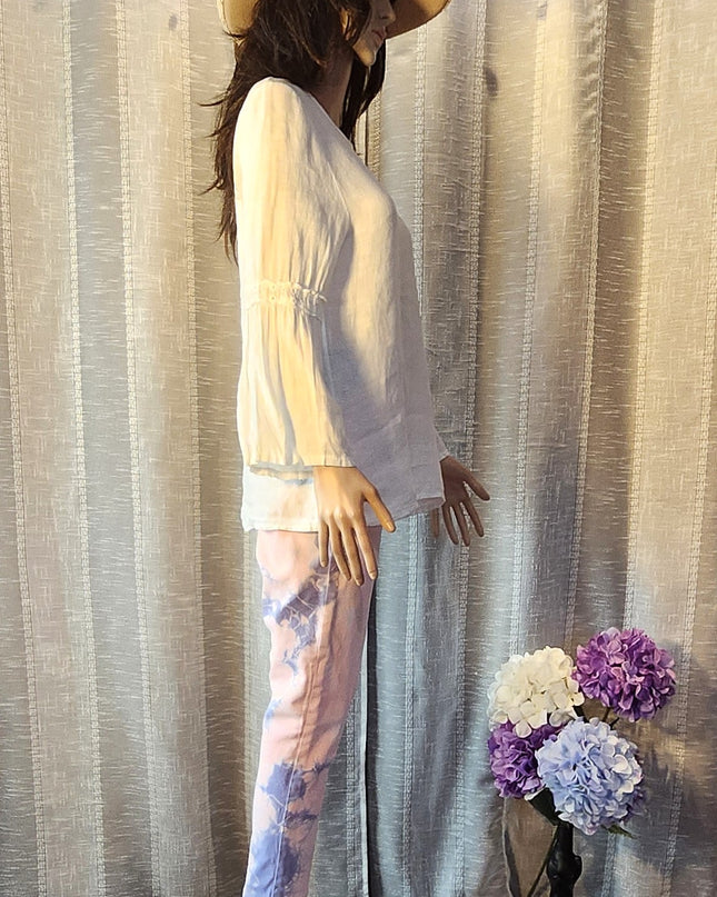 Francesca Bettini Made in Italy 100% Linen Lace Trim 3/4 Length Bell Sleeve White Top