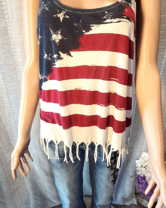 Others Follow (And Then Follows) Patriotic American Flag Distressed Graphic Tank Top with Fringe Hem