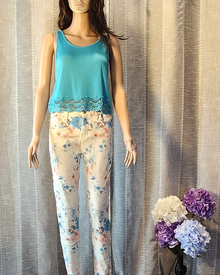 Arizona JeansSemi Sheer Cropped Turquoise Dropped Armhole Tank with Crochet Trim Hem