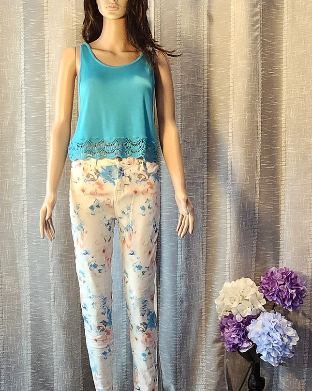 Arizona JeansSemi Sheer Cropped Turquoise Dropped Armhole Tank with Crochet Trim Hem