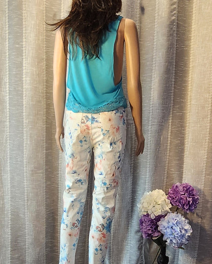 Arizona JeansSemi Sheer Cropped Turquoise Dropped Armhole Tank with Crochet Trim Hem