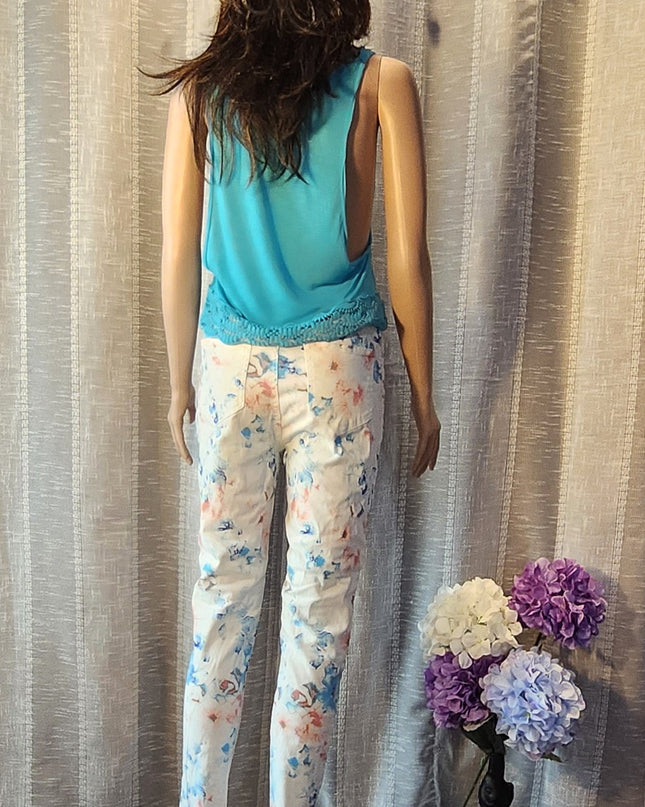 Arizona JeansSemi Sheer Cropped Turquoise Dropped Armhole Tank with Crochet Trim Hem