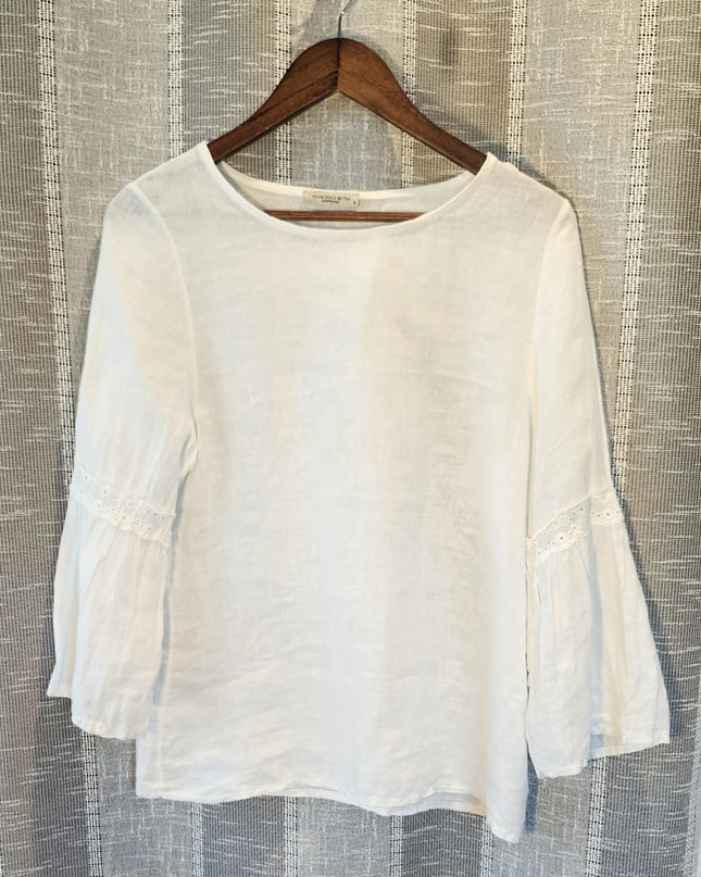Francesca Bettini Made in Italy 100% Linen Lace Trim 3/4 Length Bell Sleeve White Top