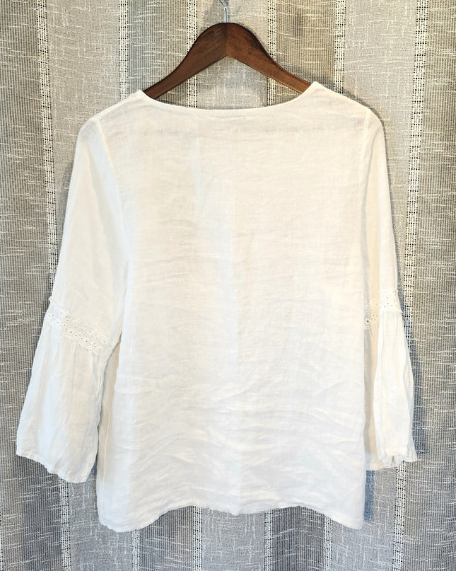 Francesca Bettini Made in Italy 100% Linen Lace Trim 3/4 Length Bell Sleeve White Top