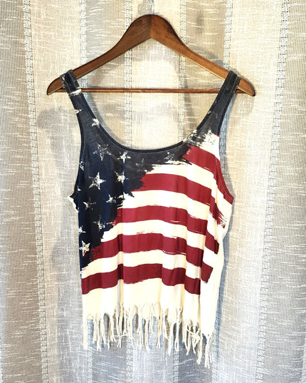 Others Follow (And Then Follows) Patriotic American Flag Distressed Graphic Tank Top with Fringe Hem