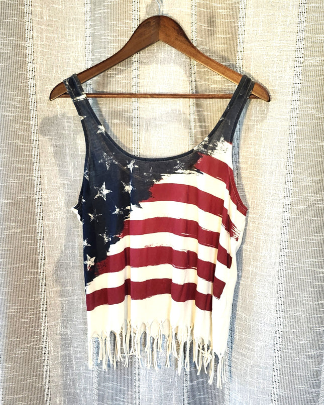 Others Follow (And Then Follows) Patriotic American Flag Distressed Graphic Tank Top with Fringe Hem