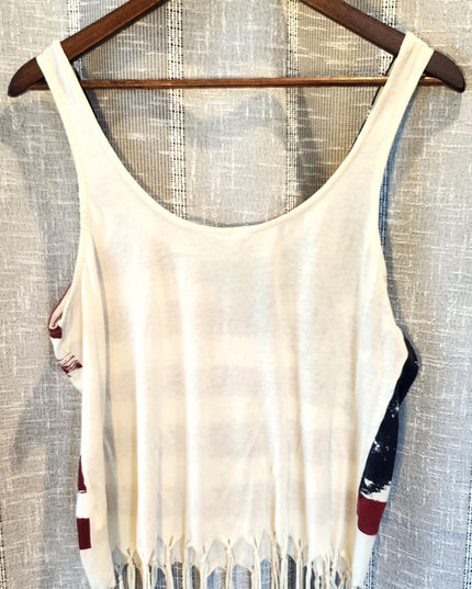 Others Follow (And Then Follows) Patriotic American Flag Distressed Graphic Tank Top with Fringe Hem