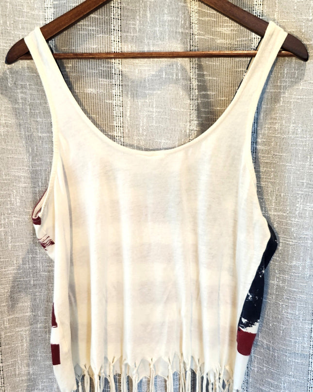 Others Follow (And Then Follows) Patriotic American Flag Distressed Graphic Tank Top with Fringe Hem