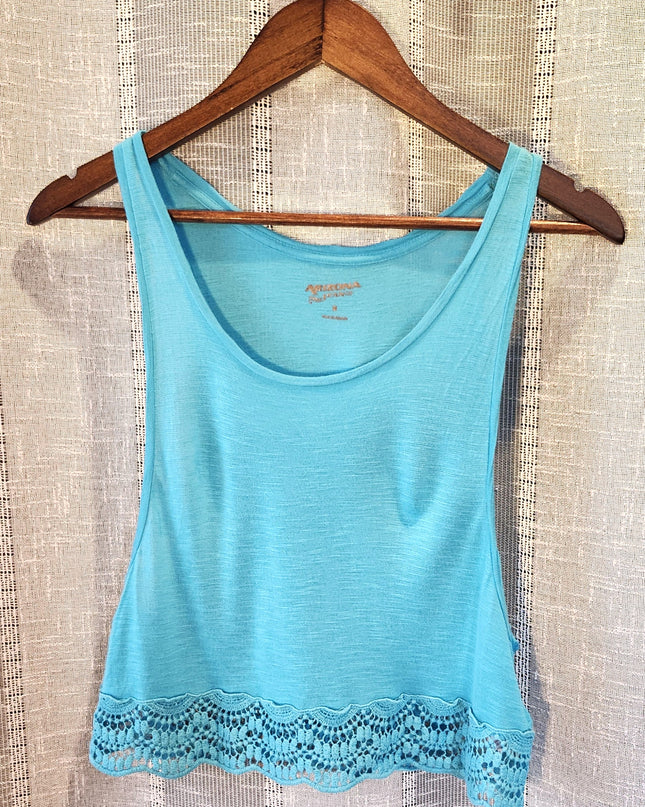 Arizona JeansSemi Sheer Cropped Turquoise Dropped Armhole Tank with Crochet Trim Hem