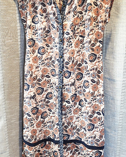 Mimi Chica Boho Paisley Multicolored Floral Button Front Collard Maxi Dress with Navy Blue Trim