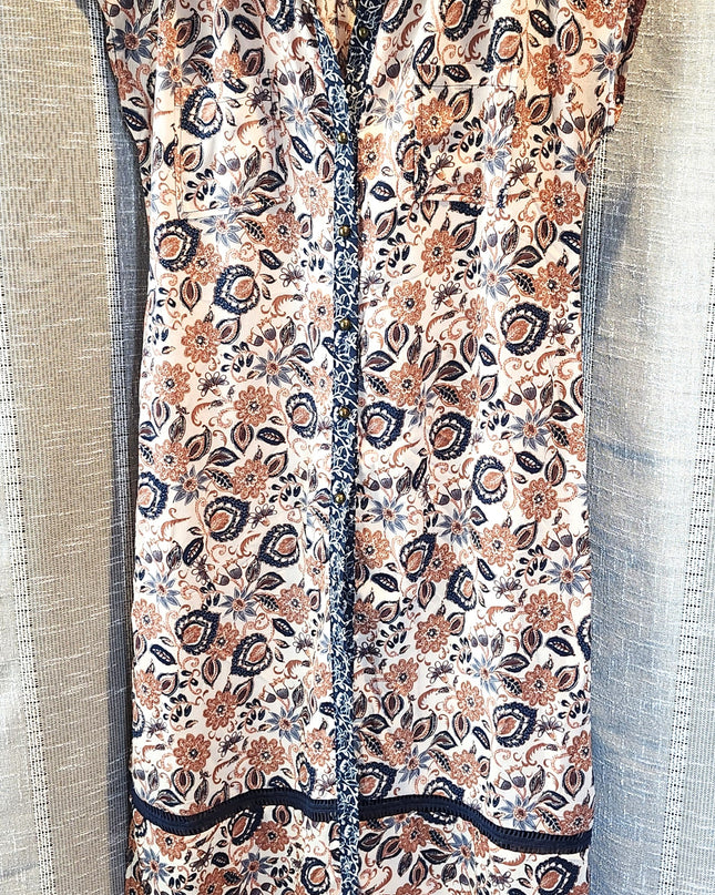 Mimi Chica Boho Paisley Multicolored Floral Button Front Collard Maxi Dress with Navy Blue Trim