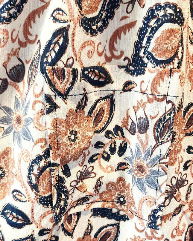 Mimi Chica Boho Paisley Multicolored Floral Button Front Collard Maxi Dress with Navy Blue Trim