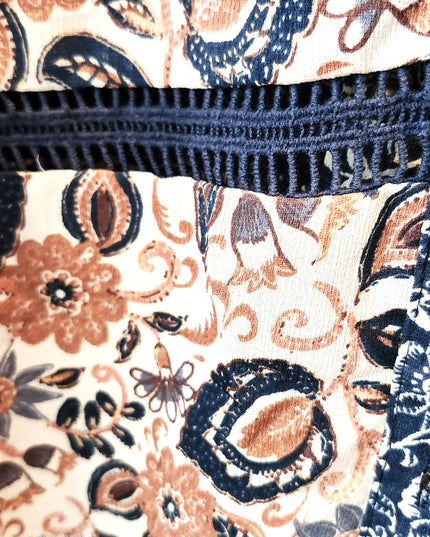 Mimi Chica Boho Paisley Multicolored Floral Button Front Collard Maxi Dress with Navy Blue Trim