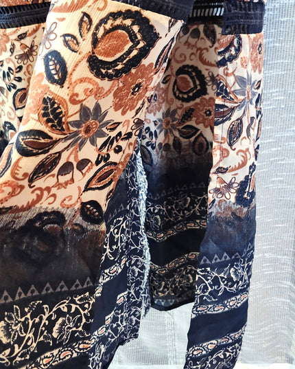 Mimi Chica Boho Paisley Multicolored Floral Button Front Collard Maxi Dress with Navy Blue Trim