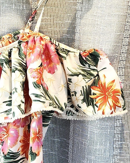 New Style House Tropical Hawaiian Floral Print Off the Shoulder Tank Top with Ruffles