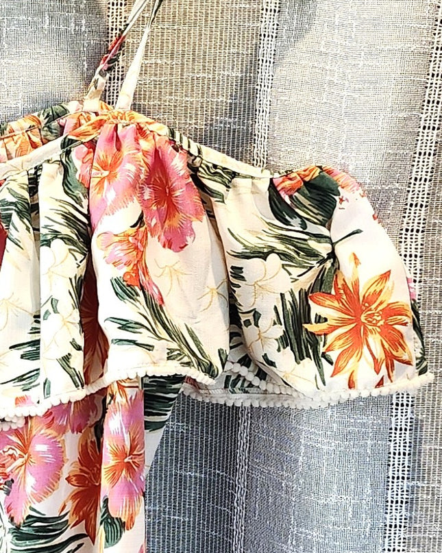New Style House Tropical Hawaiian Floral Print Off the Shoulder Tank Top with Ruffles