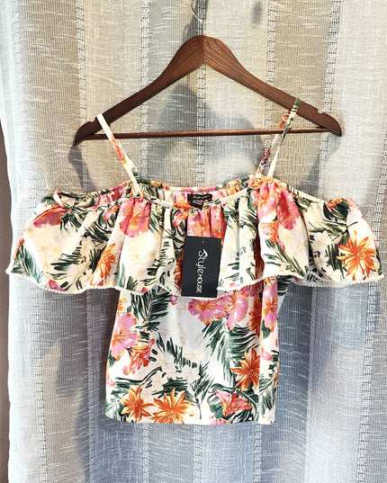 New Style House Tropical Hawaiian Floral Print Off the Shoulder Tank Top with Ruffles