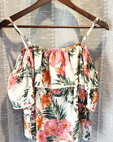 New Style House Tropical Hawaiian Floral Print Off the Shoulder Tank Top with Ruffles