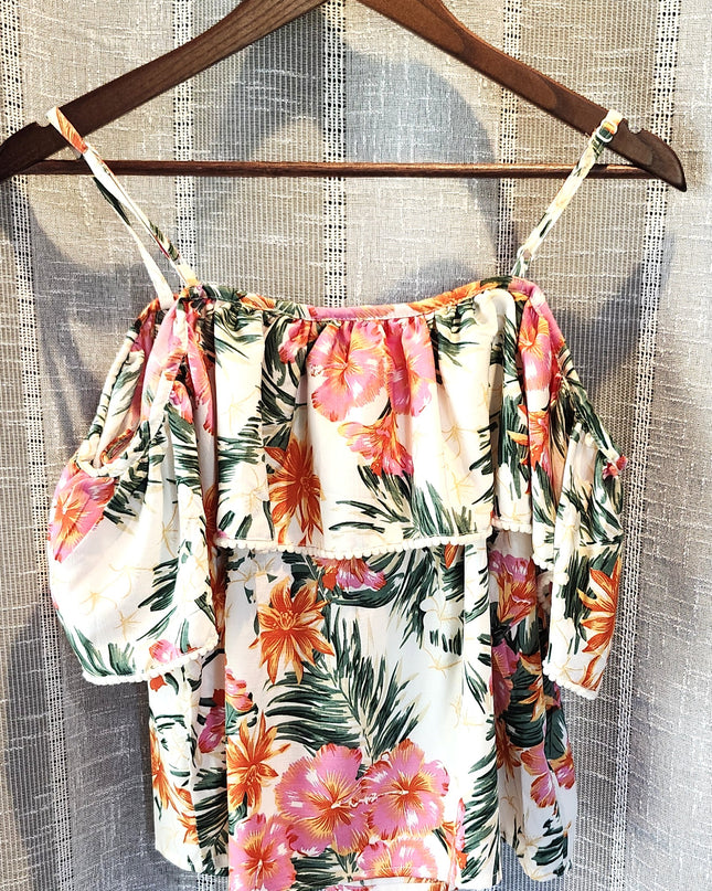New Style House Tropical Hawaiian Floral Print Off the Shoulder Tank Top with Ruffles